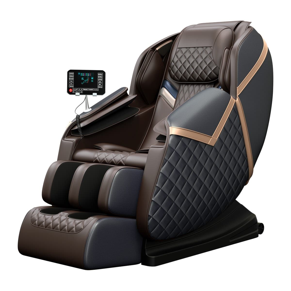 S81 Salon massage chair in brown and grey quilted leather, three-quarter view